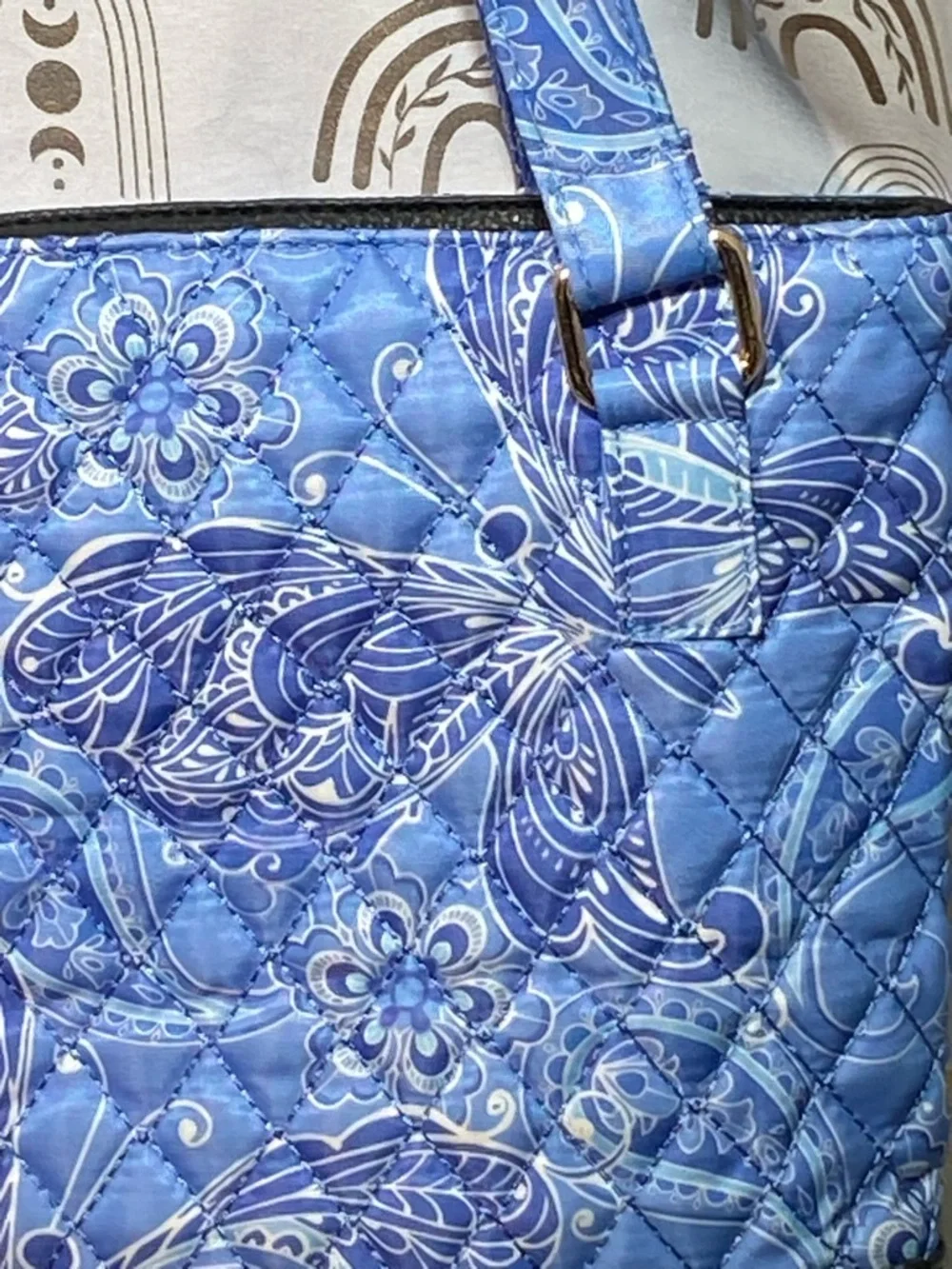 Quilted Blue Floral Tote Bag with Black Base